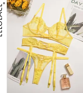 Exotic Sensual Lingerie Set Transparent Lace Intimates Women's 3-Piece Set Lace Hollow Bilizna Lang